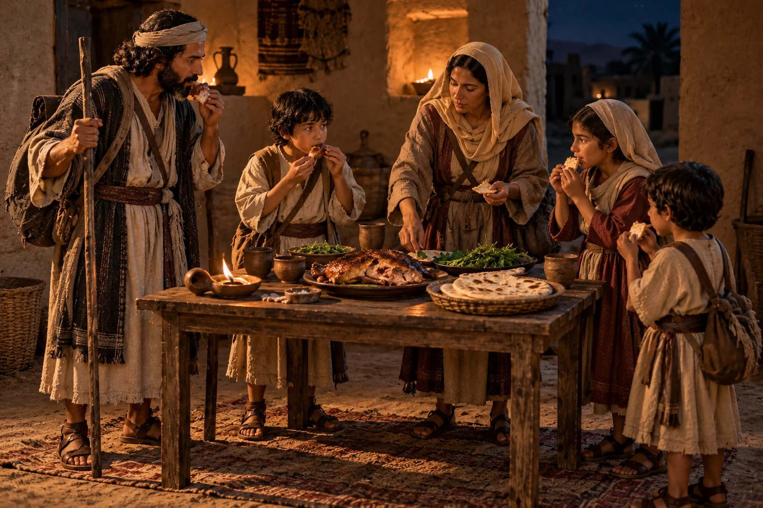 Beeld bij Exodus 12: De paasmaaltijd gereed voor vertrek