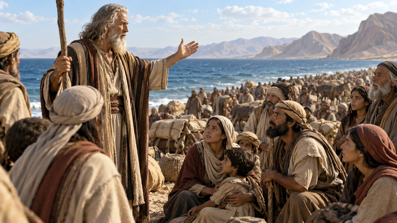 Beeld bij Exodus 14: Mozes bemoedigt het volk bij de zee
