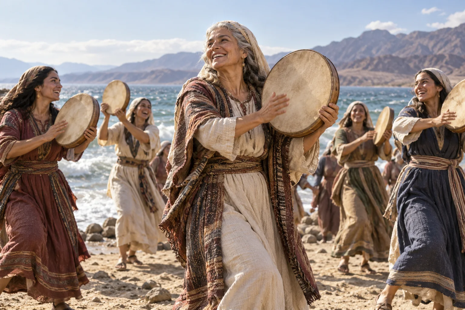 Beeld bij Exodus 15: Mirjam en de vrouwen met trommels