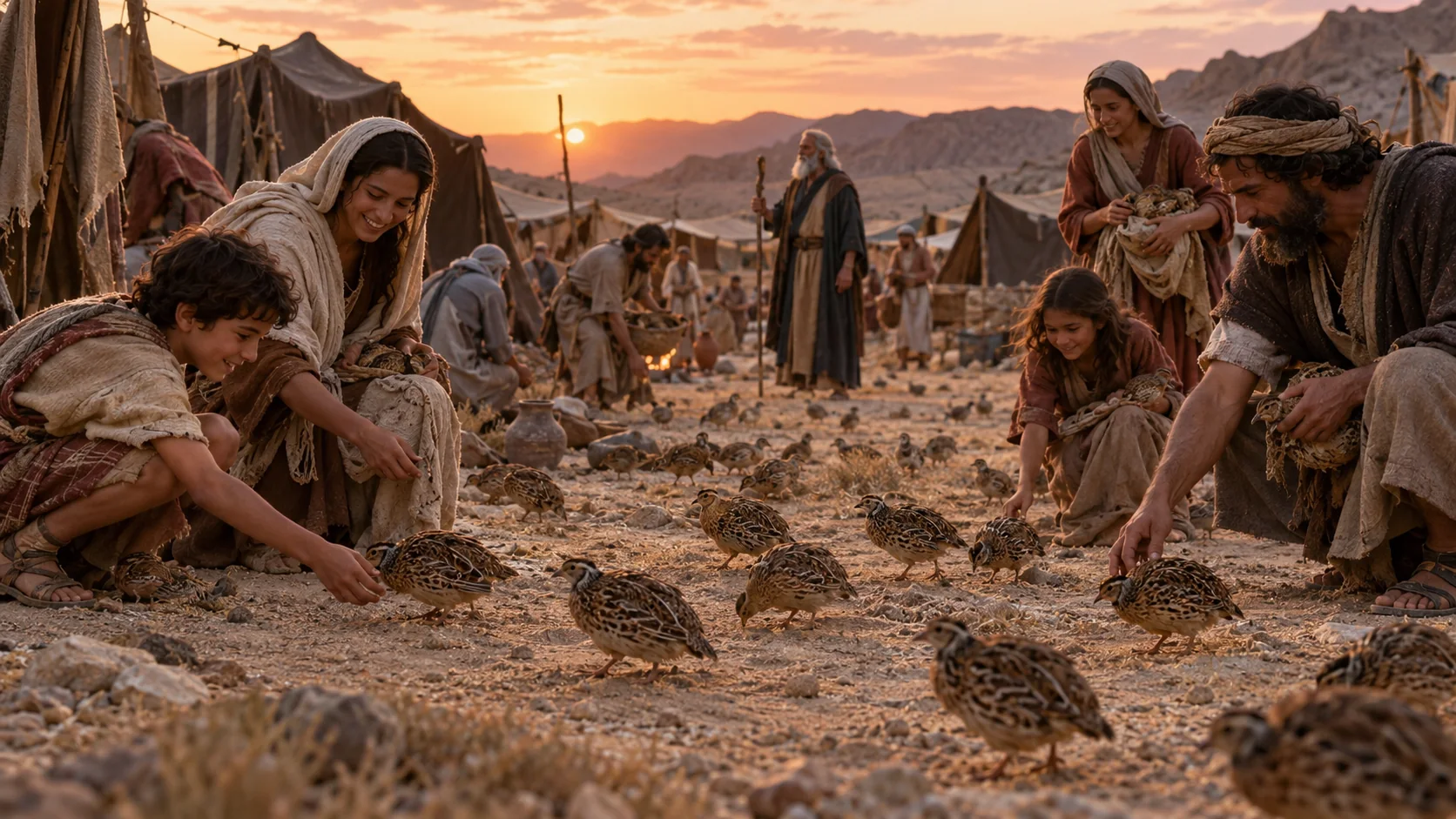 Beeld bij Exodus 16: De kwartels komen naar het kamp