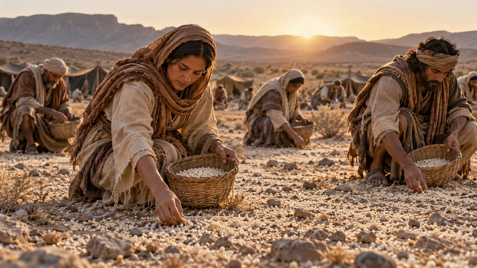 Beeld bij Exodus 16: Manna ligt op de woestijngrond