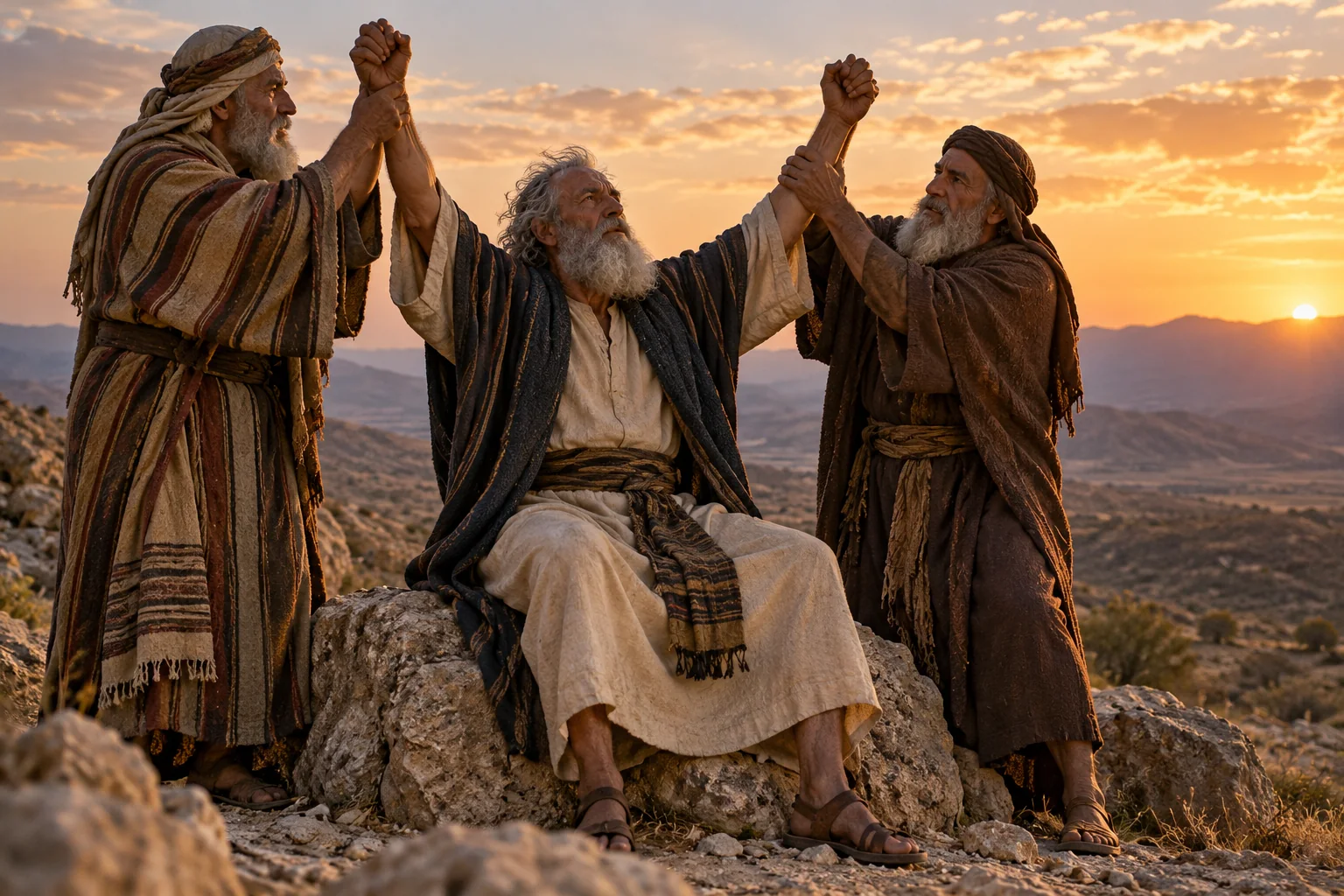 Beeld bij Exodus 17: Aäron en Hur ondersteunen Mozes