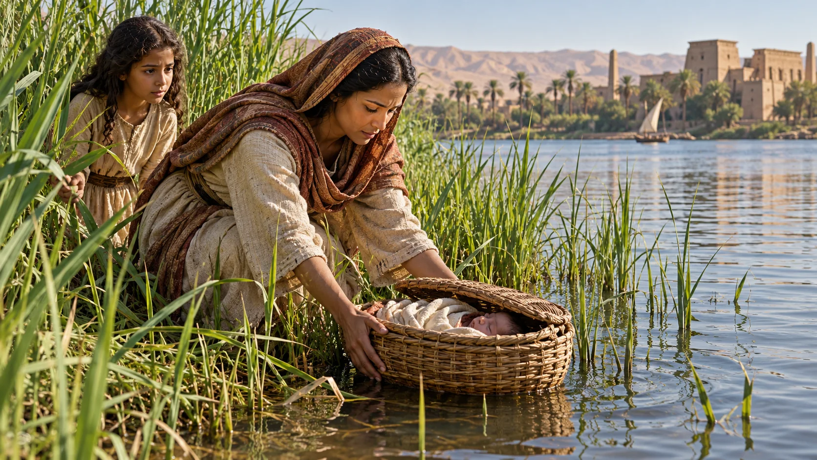 Beeld bij Exodus 2: Mozes wordt tussen het riet gelegd