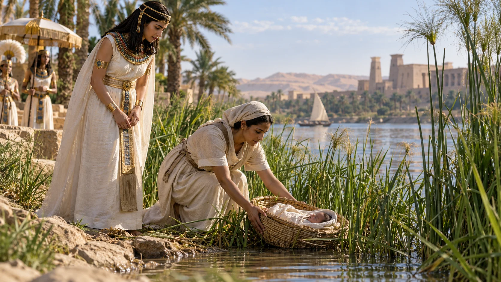 Beeld bij Exodus 2: Farao's dochter ontdekt het mandje