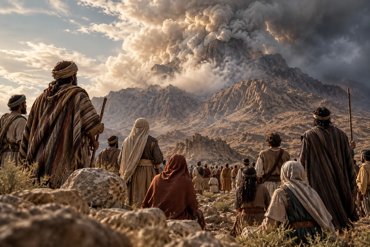 Israëlieten luisteren bij de Sinaï terwijl wolken boven de berg hangen
