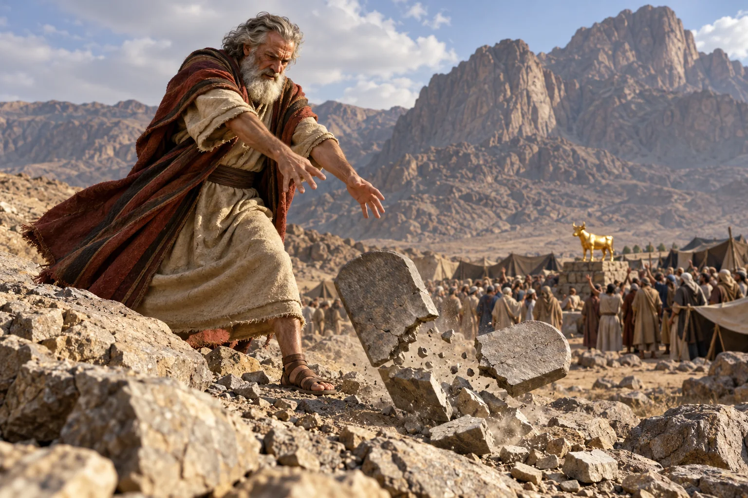 Beeld bij Exodus 32: Mozes breekt de stenen tafelen