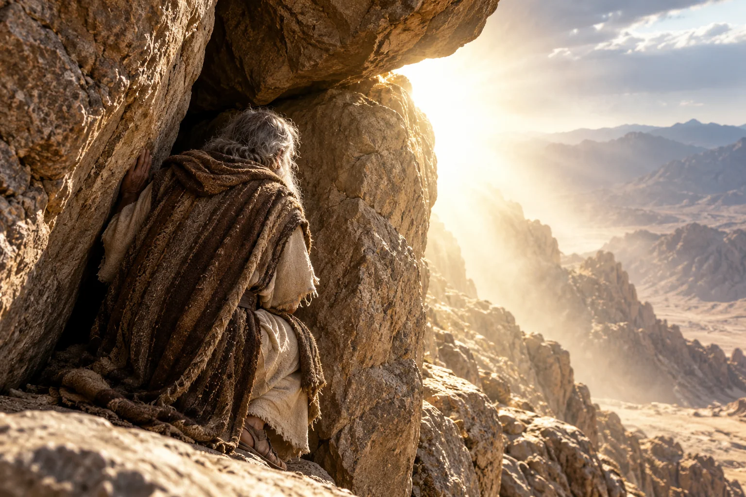Beeld bij Exodus 33: Mozes in een kloof van de rots