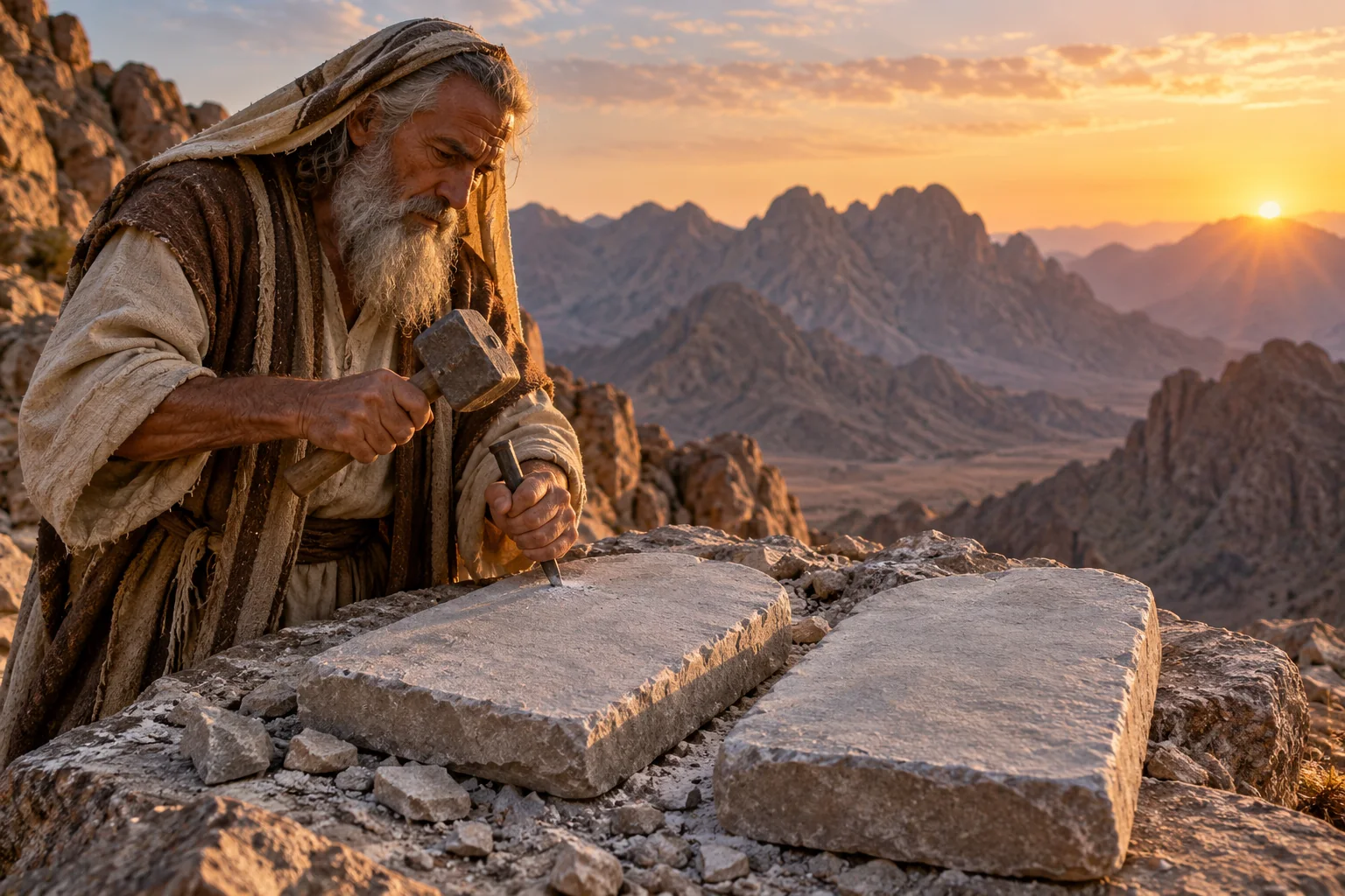 Beeld bij Exodus 34: Mozes houwt twee nieuwe tafelen