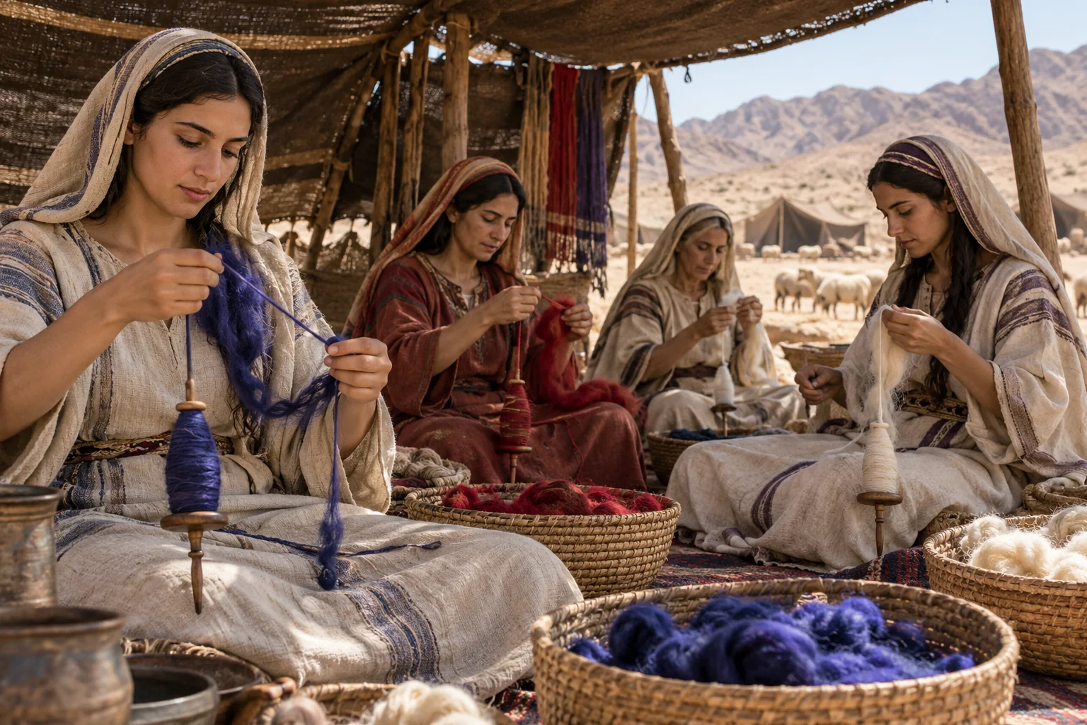 Beeld bij Exodus 35: Vrouwen spinnen gekleurde draden