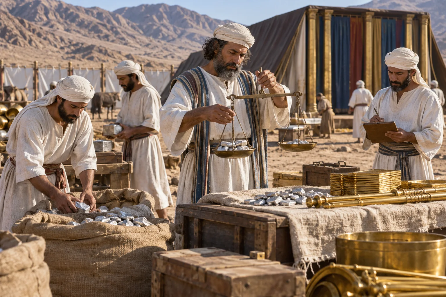 Beeld bij Exodus 38: Ithamar telt de materialen