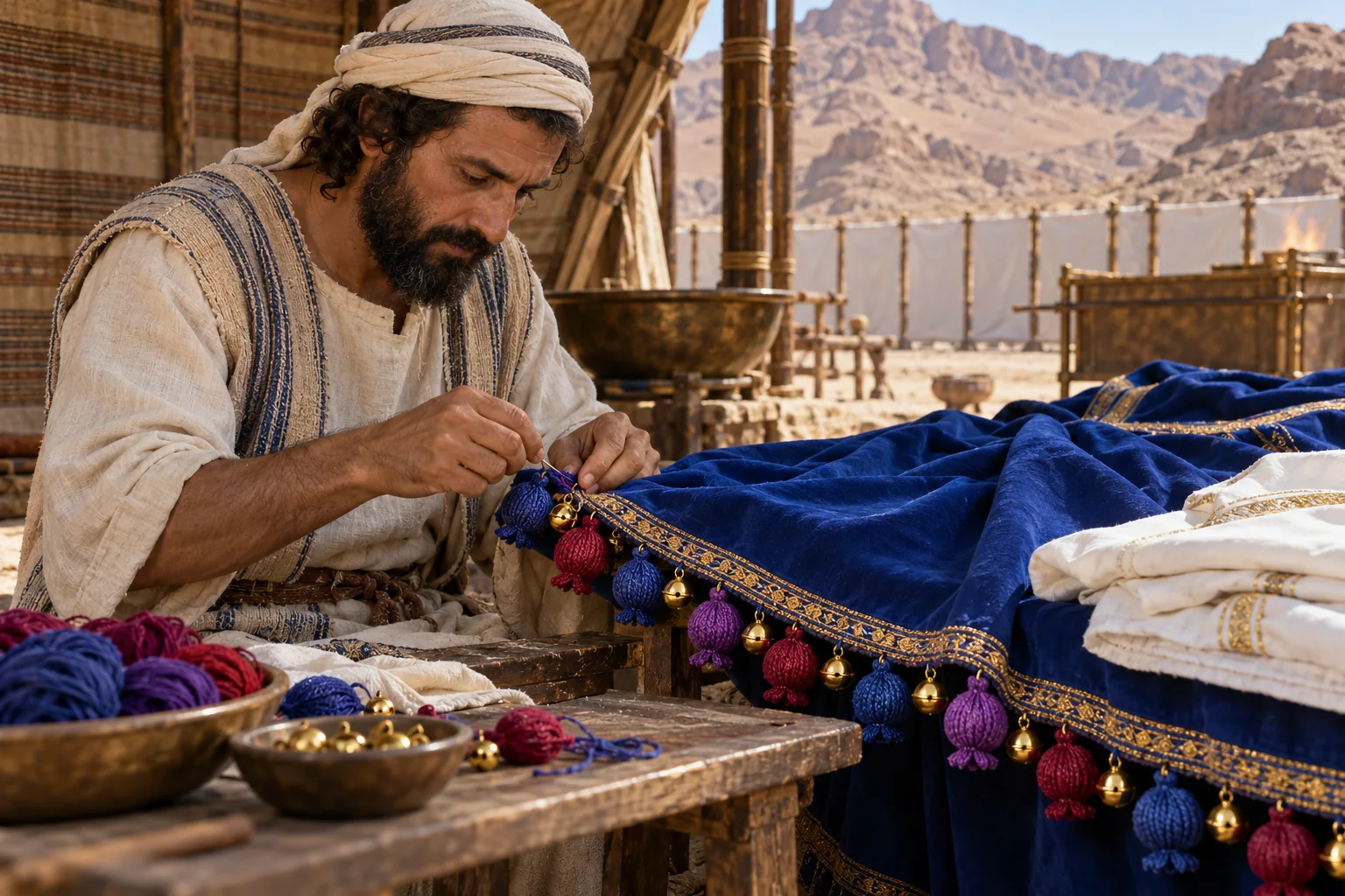 Beeld bij Exodus 39: Granaatappels worden aan de mantel gemaakt