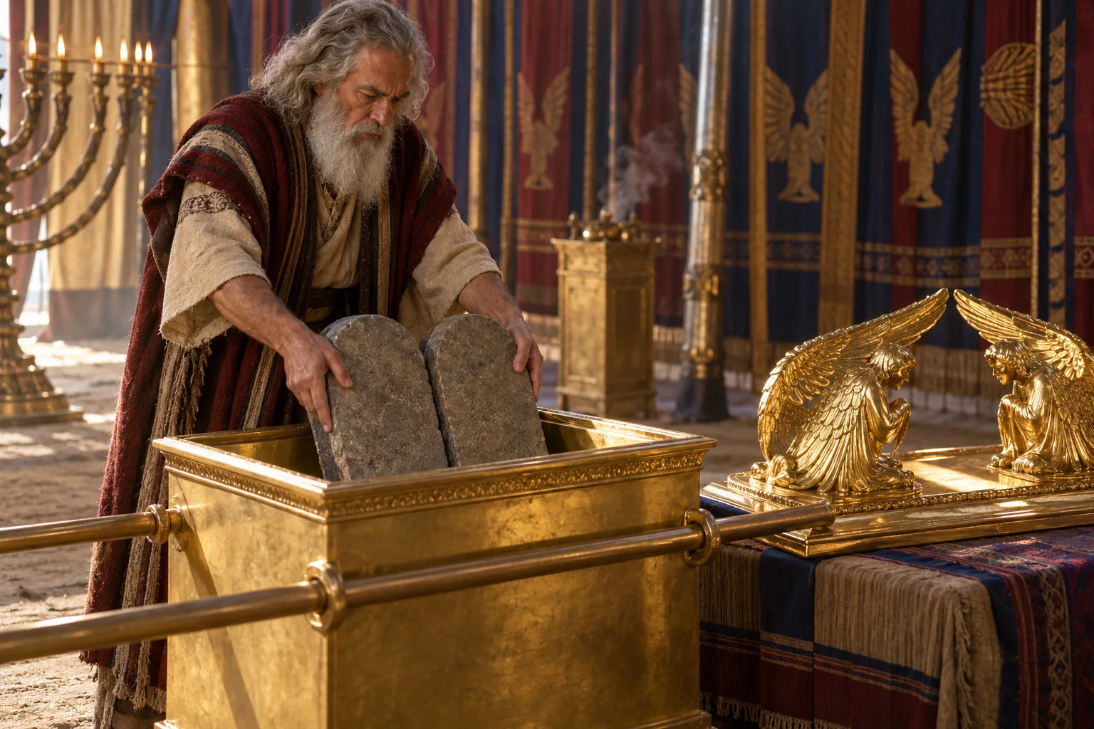 Beeld bij Exodus 40: Mozes legt de getuigenis in de ark