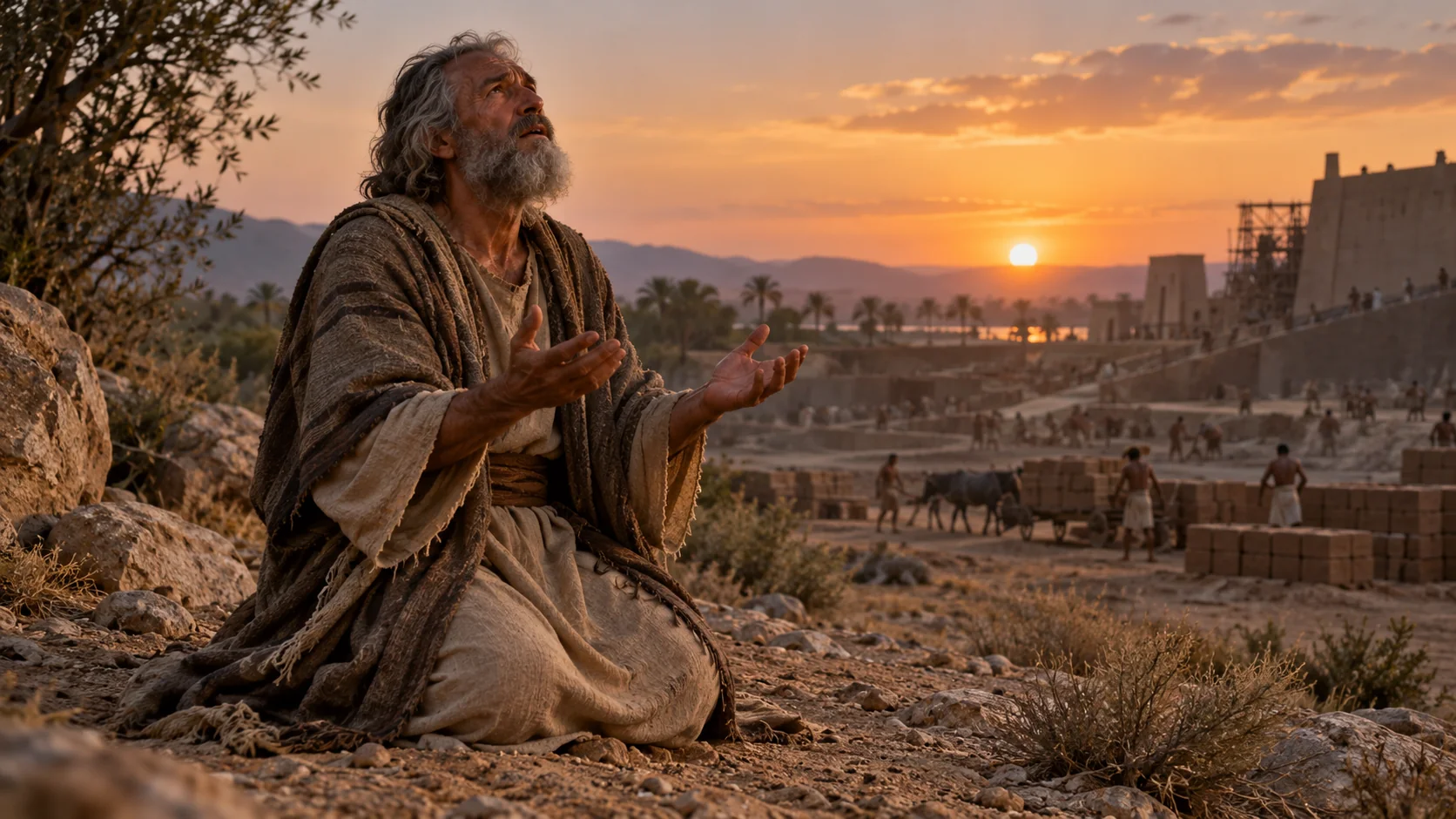 Beeld bij Exodus 5: Mozes bidt na Farao's weigering
