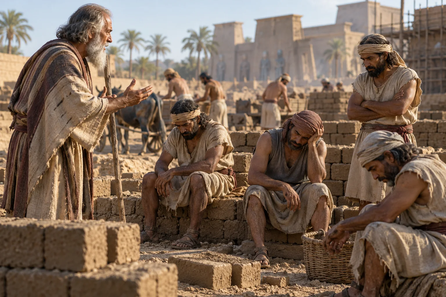 Beeld bij Exodus 6: Het uitgeputte volk luistert niet