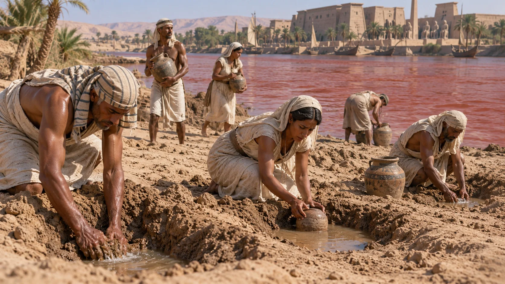 Beeld bij Exodus 7: Egyptenaren zoeken drinkwater