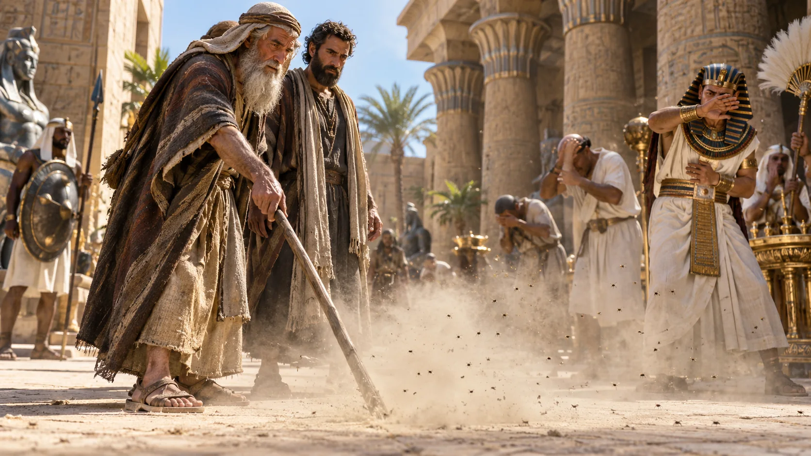 Beeld bij Exodus 8: Aäron slaat het stof