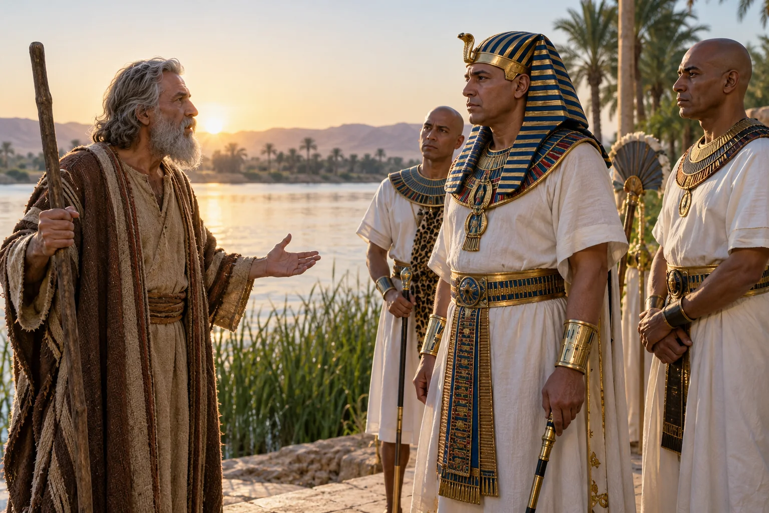 Beeld bij Exodus 8: Mozes spreekt Farao aan bij de Nijl
