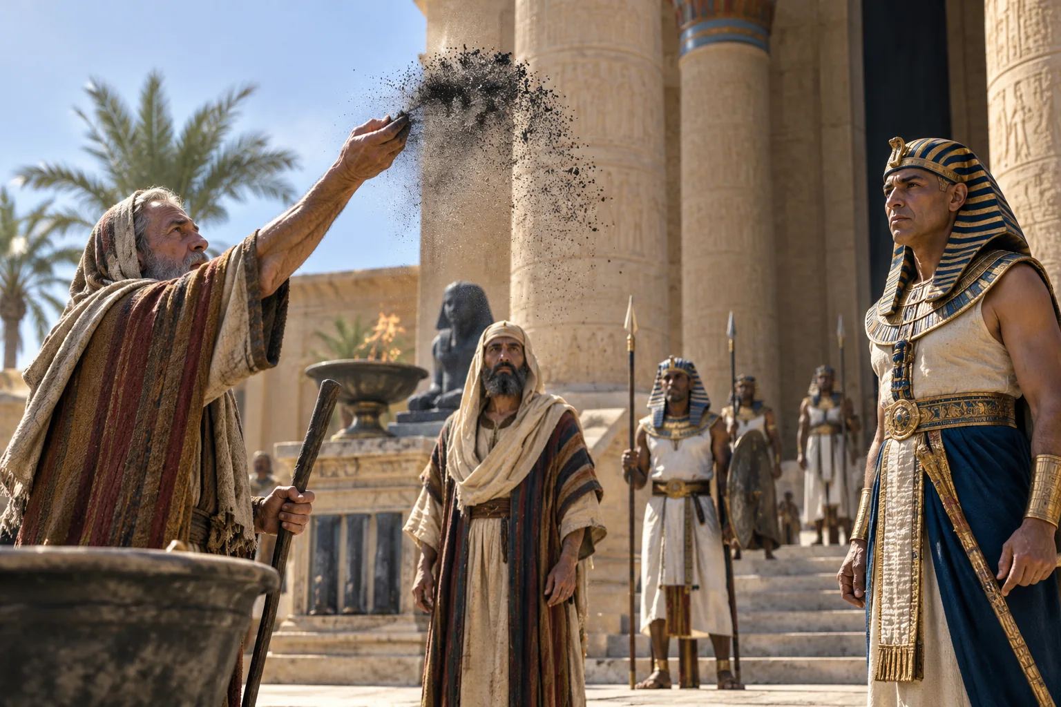 Beeld bij Exodus 9: Mozes strooit as omhoog