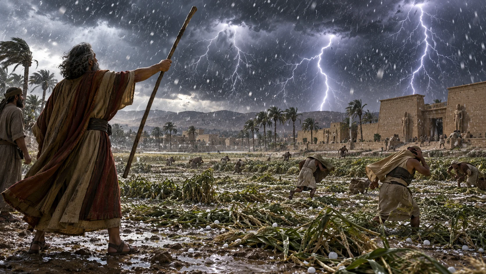 Beeld bij Exodus 9: Hagel en onweer over Egypte