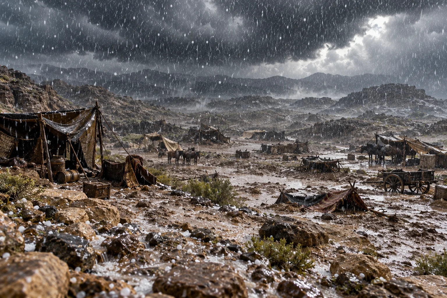 Beeld bij Ezechiel 38: Regen en hagel boven de heuvels