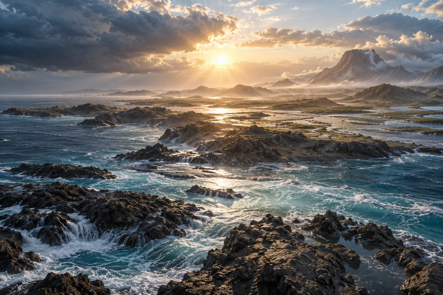 Droog land verschijnt tussen de zeeën onder het eerste daglicht