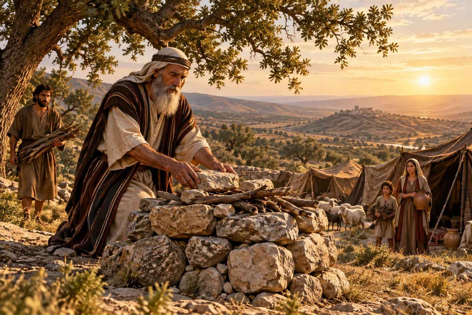 Beeld bij Genesis 12: abram bouwt een altaar in kanaän