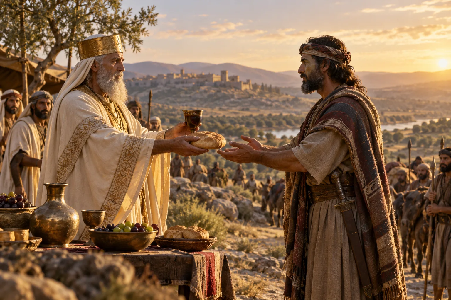 Beeld bij Genesis 14: melchizedek brengt brood en wijn