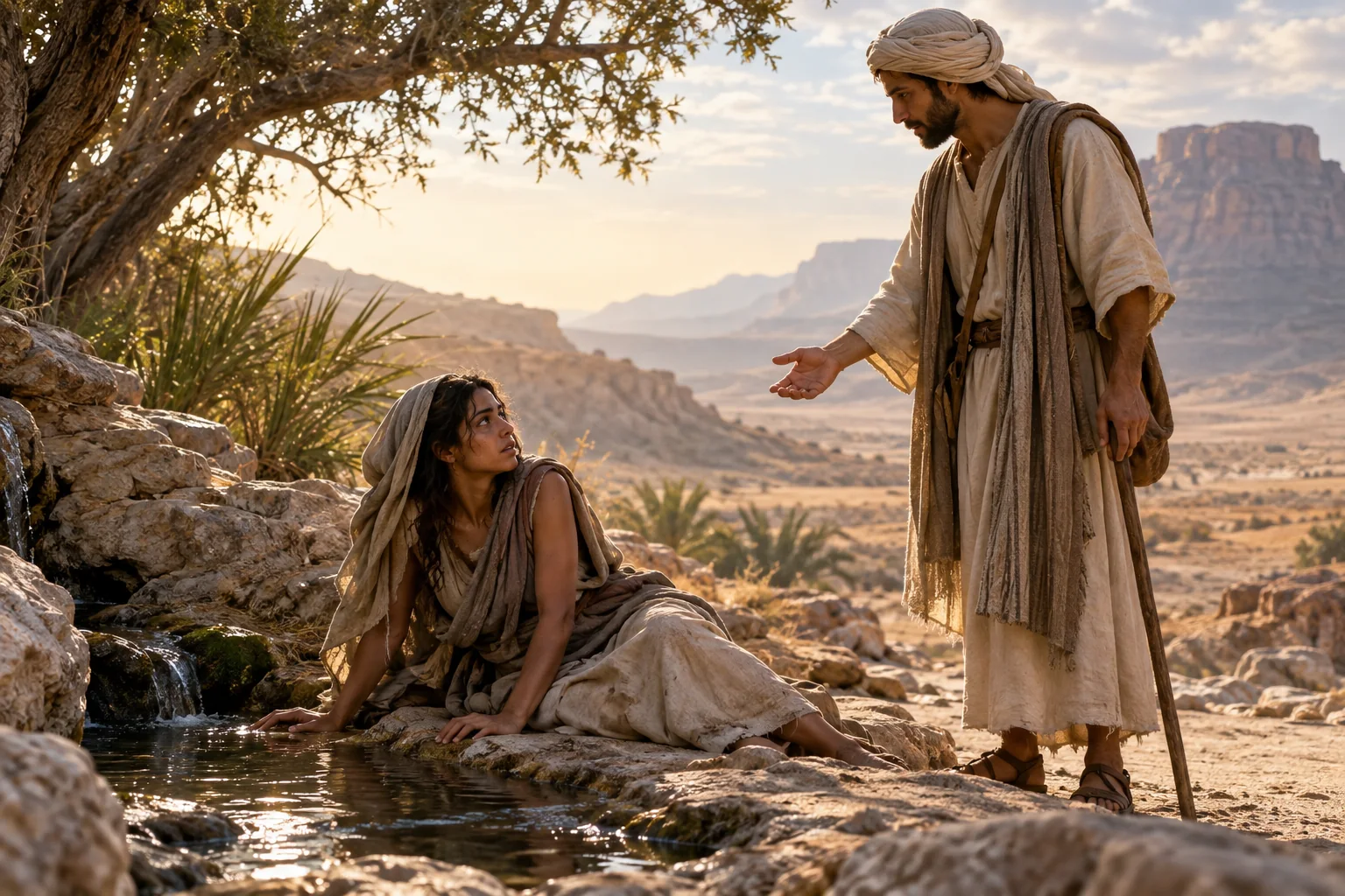 Beeld bij Genesis 16: hagar bij de bron in de woestijn