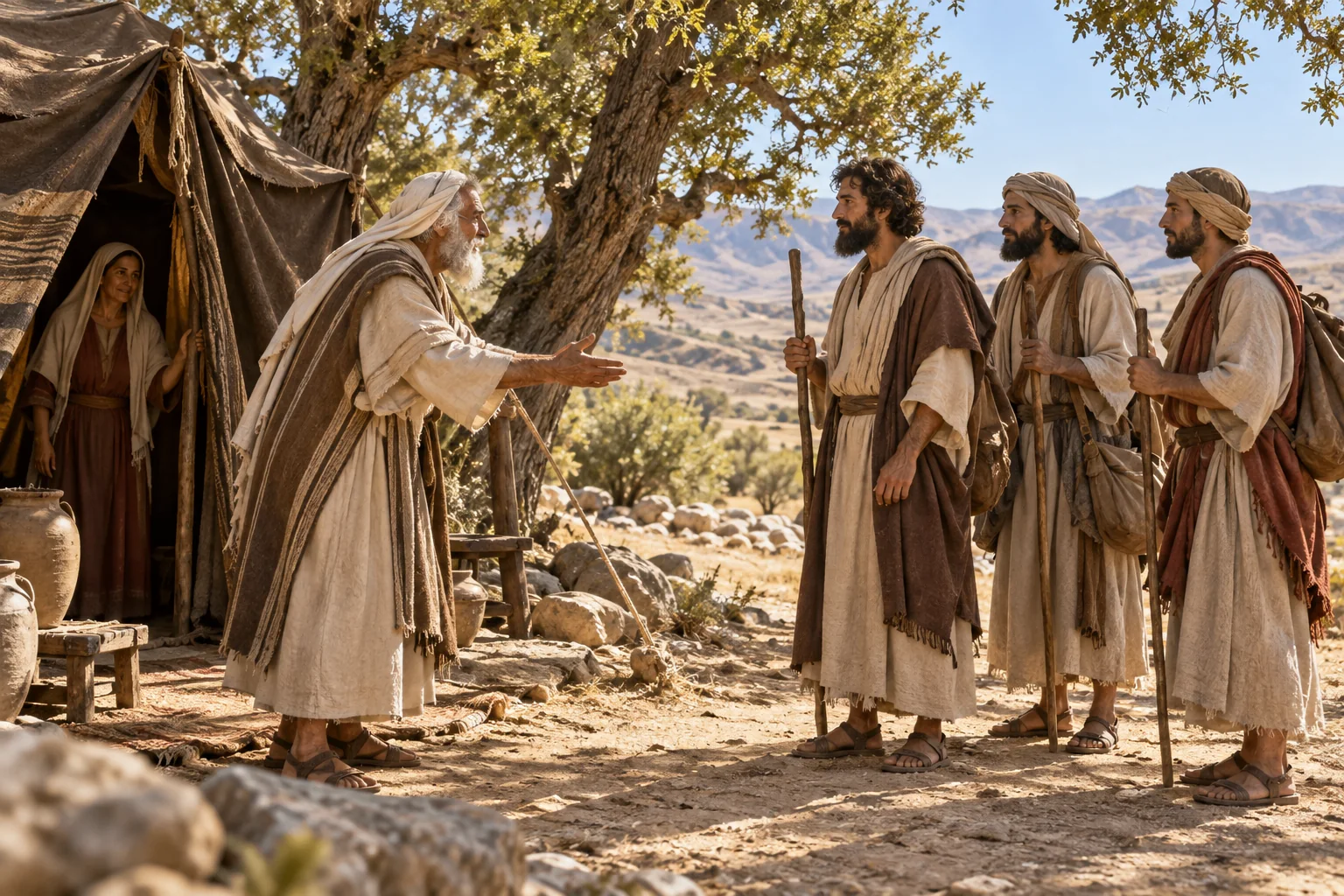 Beeld bij Genesis 18: drie bezoekers bij abrahams tent