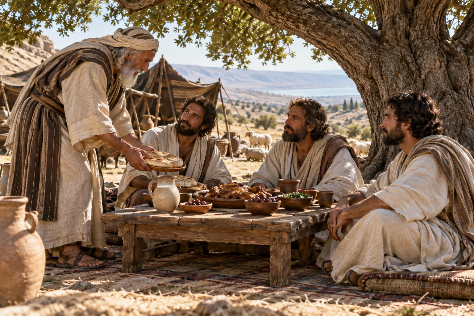 Beeld bij Genesis 18: abraham ontvangt zijn gasten