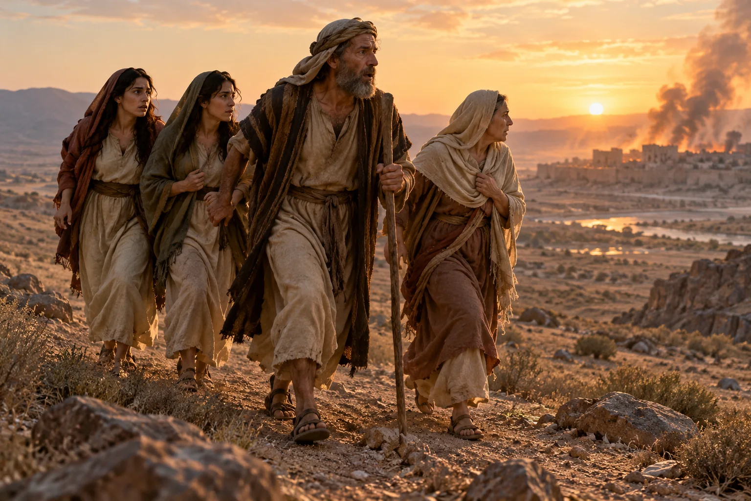 Beeld bij Genesis 19: lot en zijn gezin vluchten