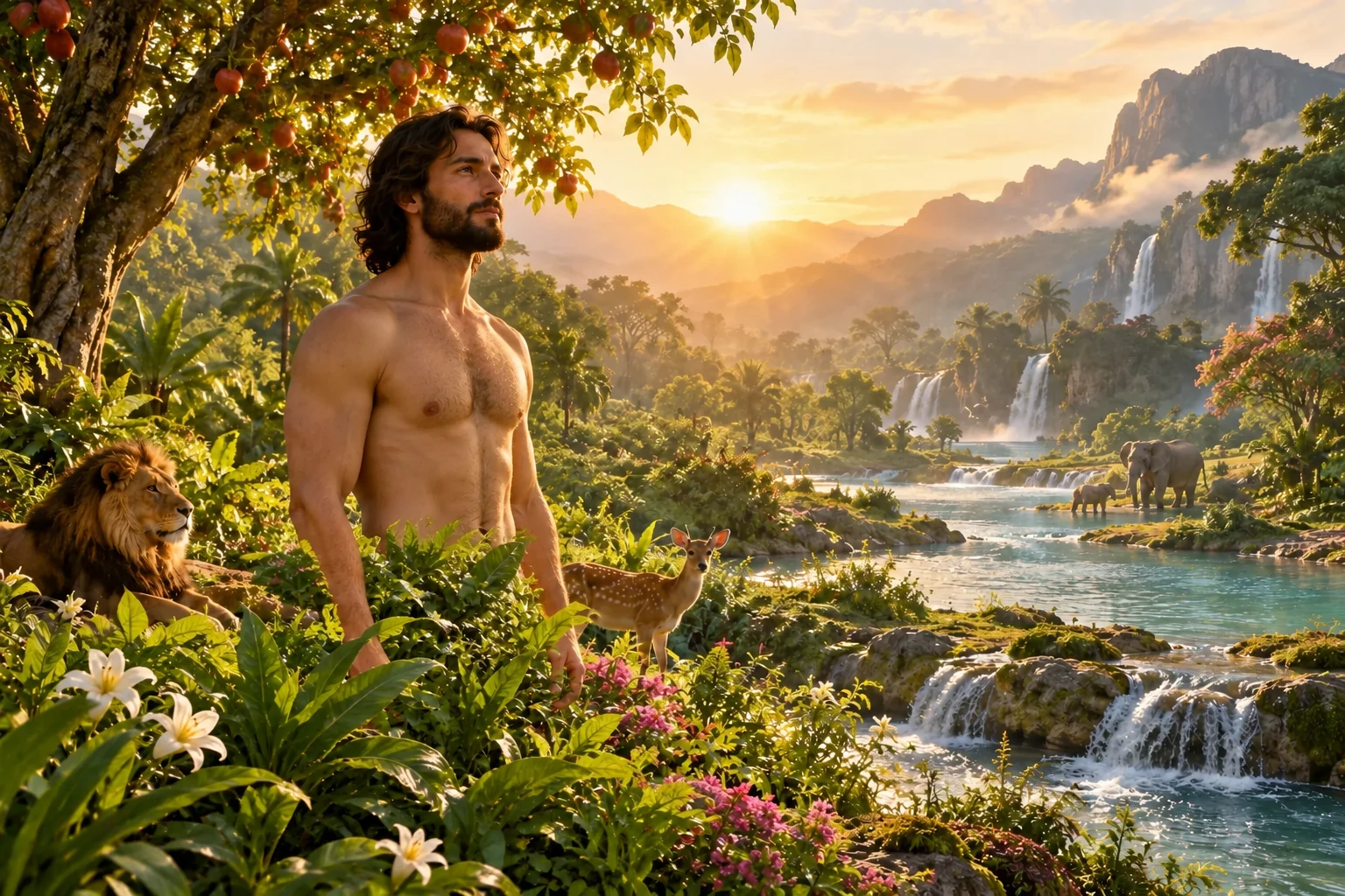 Adam staat in de weelderige tuin van Eden bij de rivier