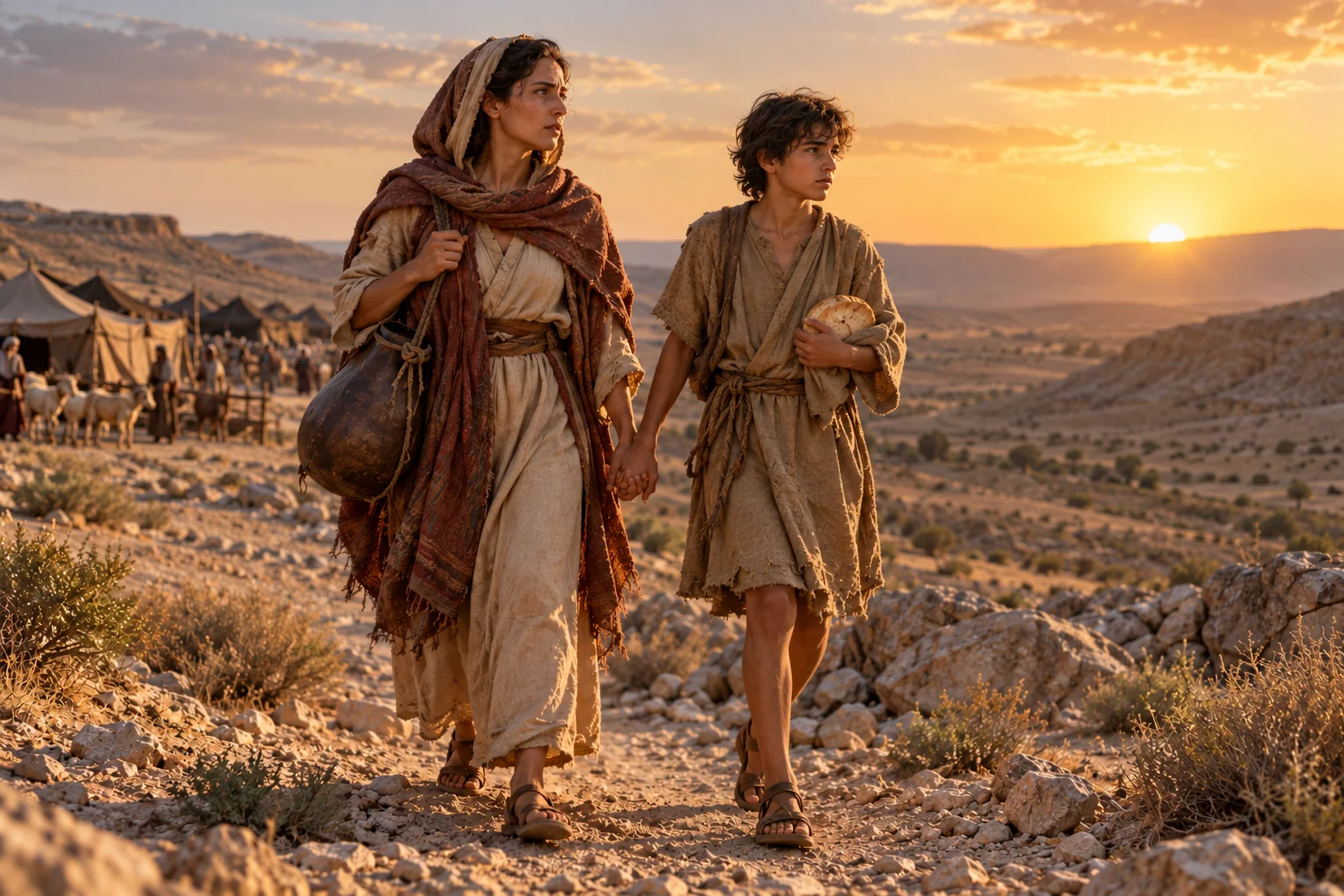 Beeld bij Genesis 21: hagar en ismaël trekken de woestijn in