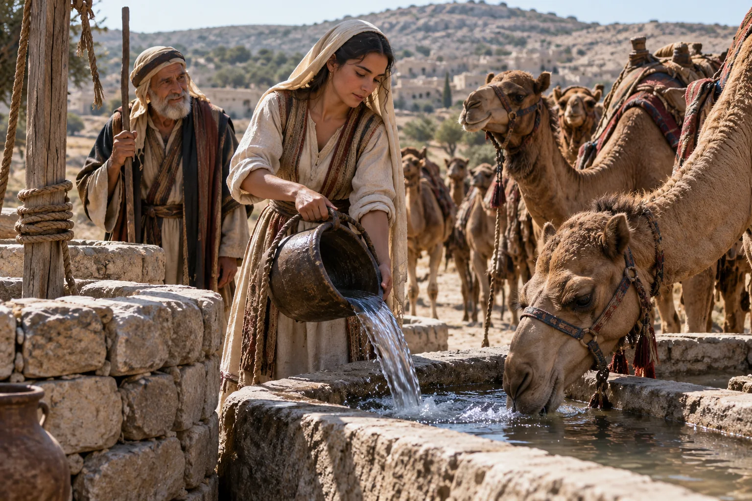 Beeld bij Genesis 24: rebekka geeft de kamelen water