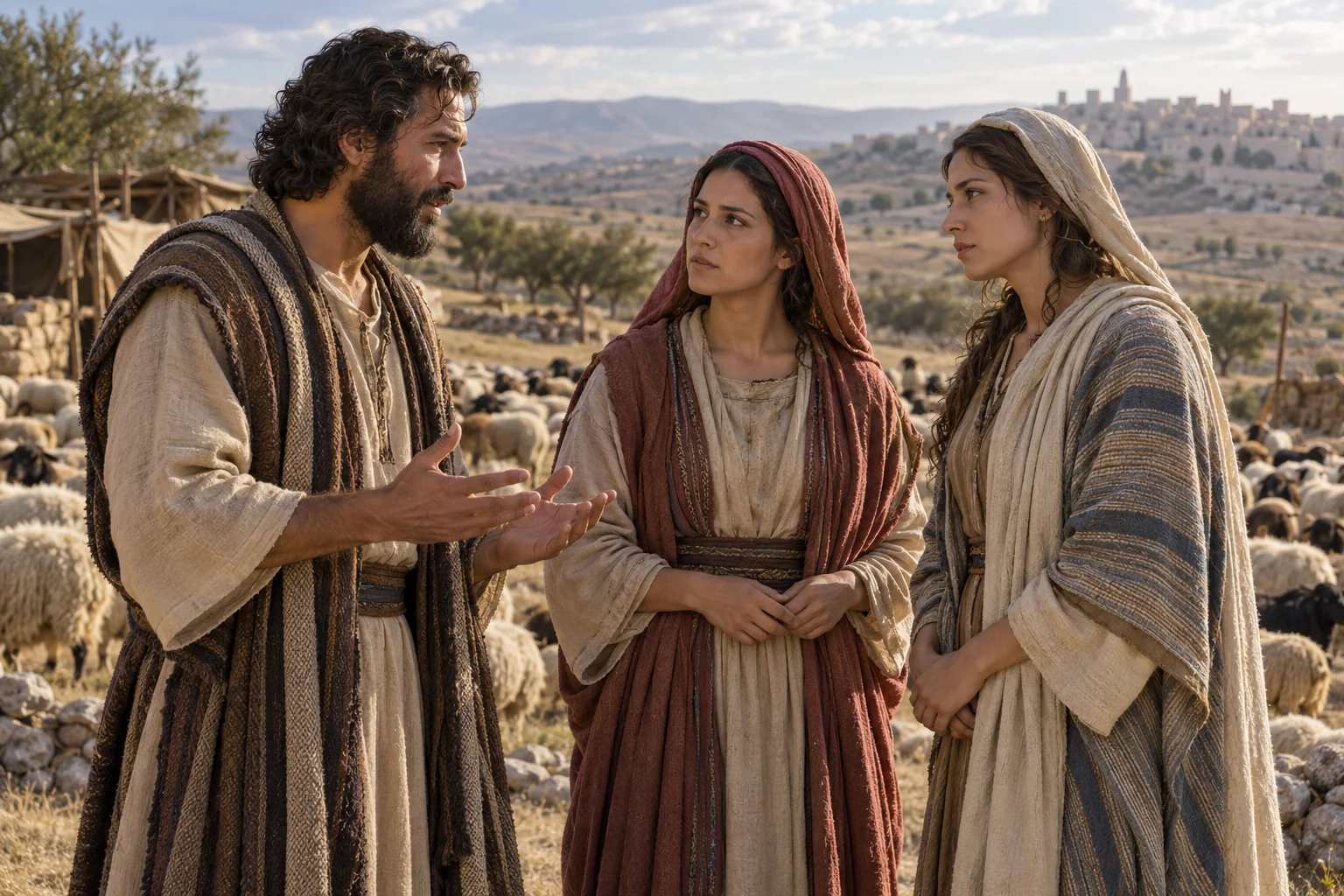Beeld bij Genesis 31: jakob spreekt met rachel en lea