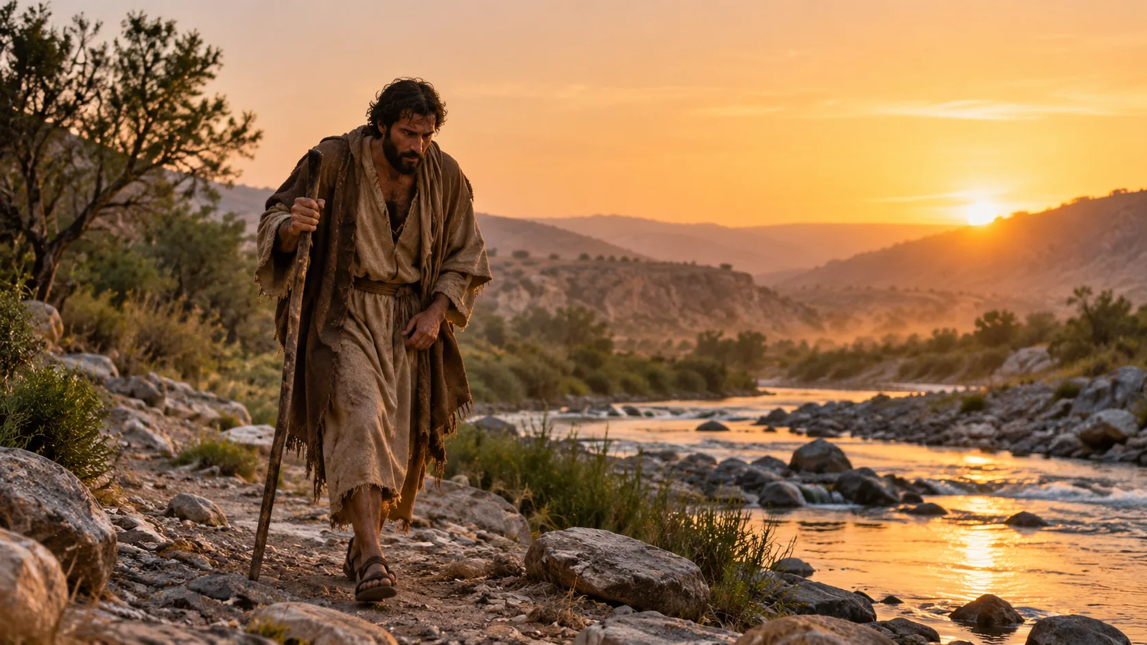 Beeld bij Genesis 32: jakob loopt verder bij zonsopgang