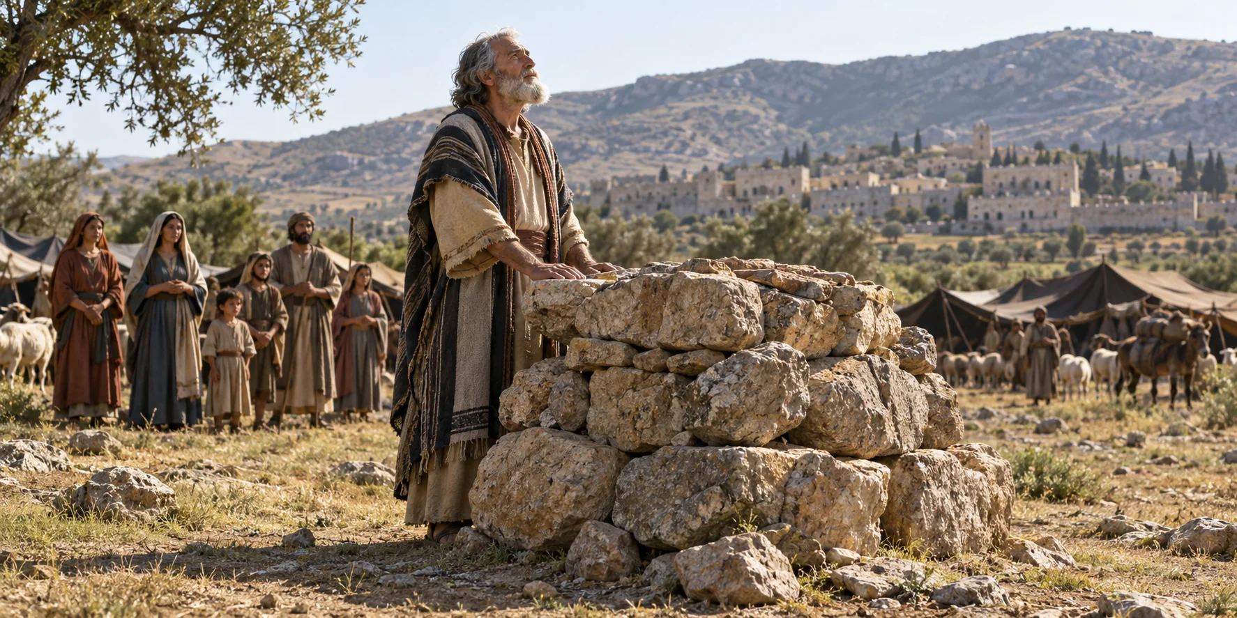 Beeld bij Genesis 33: jakob richt een altaar op bij sichem