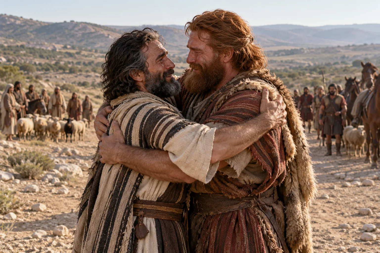 Beeld bij Genesis 33: jakob en esau omhelzen elkaar