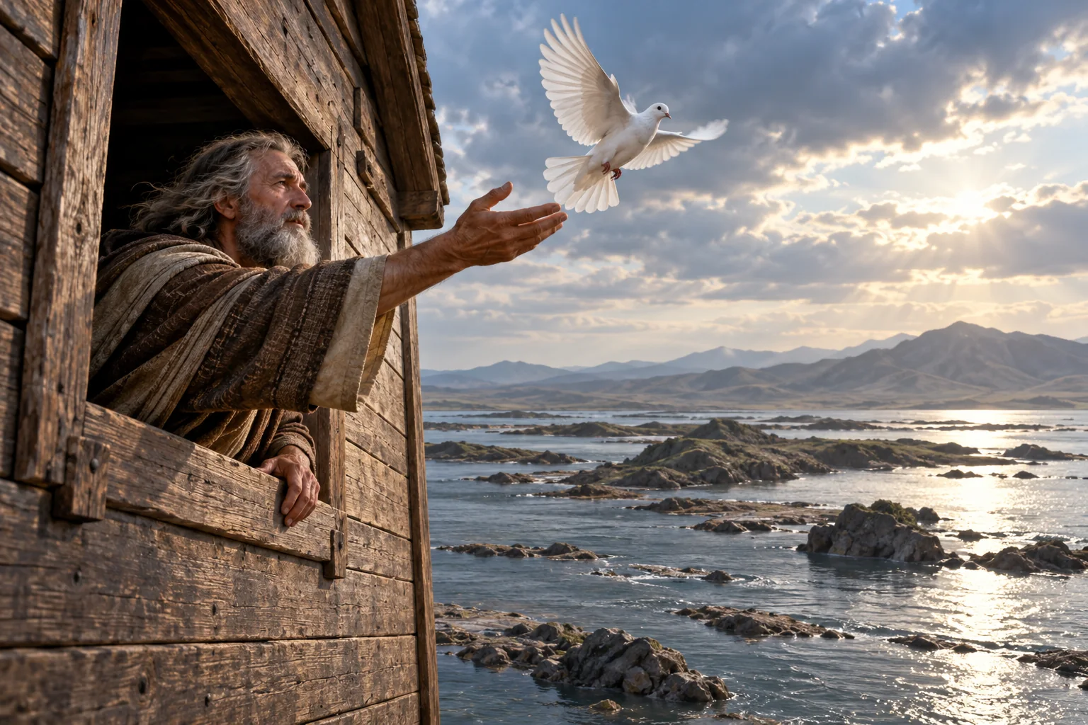 Beeld bij Genesis 8: noach laat de duif los