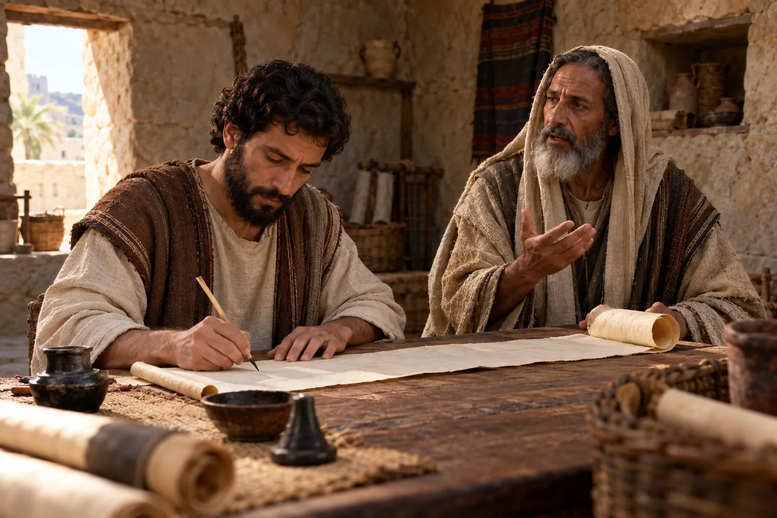 Beeld bij Jeremia 36: Baruch schrijft wat Jeremia zegt