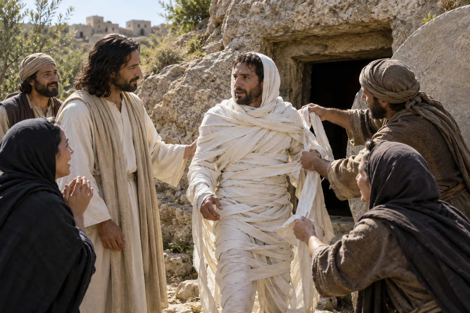 Beeld bij Johannes 11: Lazarus komt naar buiten