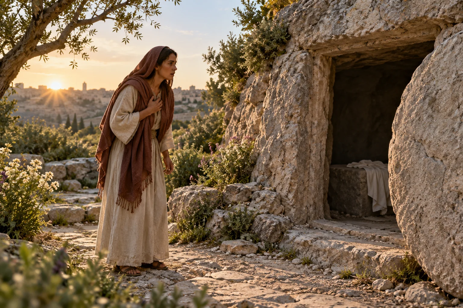 Maria Magdalena staat bij een open graf in een stille tuin bij zonsopgang