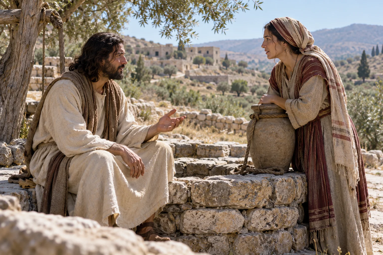 Jezus spreekt met een Samaritaanse vrouw bij een oude waterput