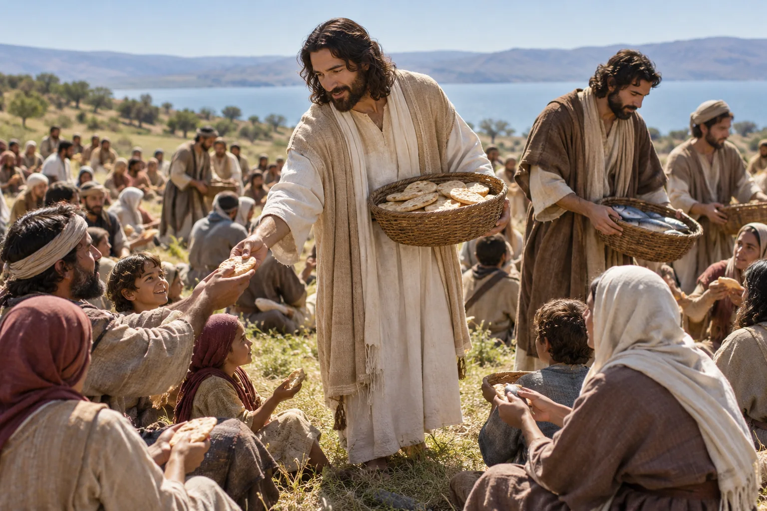 Beeld bij Johannes 6: Het brood wordt uitgedeeld