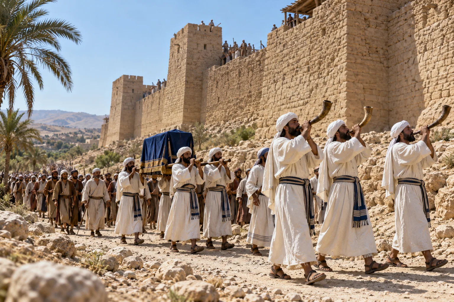 Het volk trekt met priesters rond de muren van Jericho