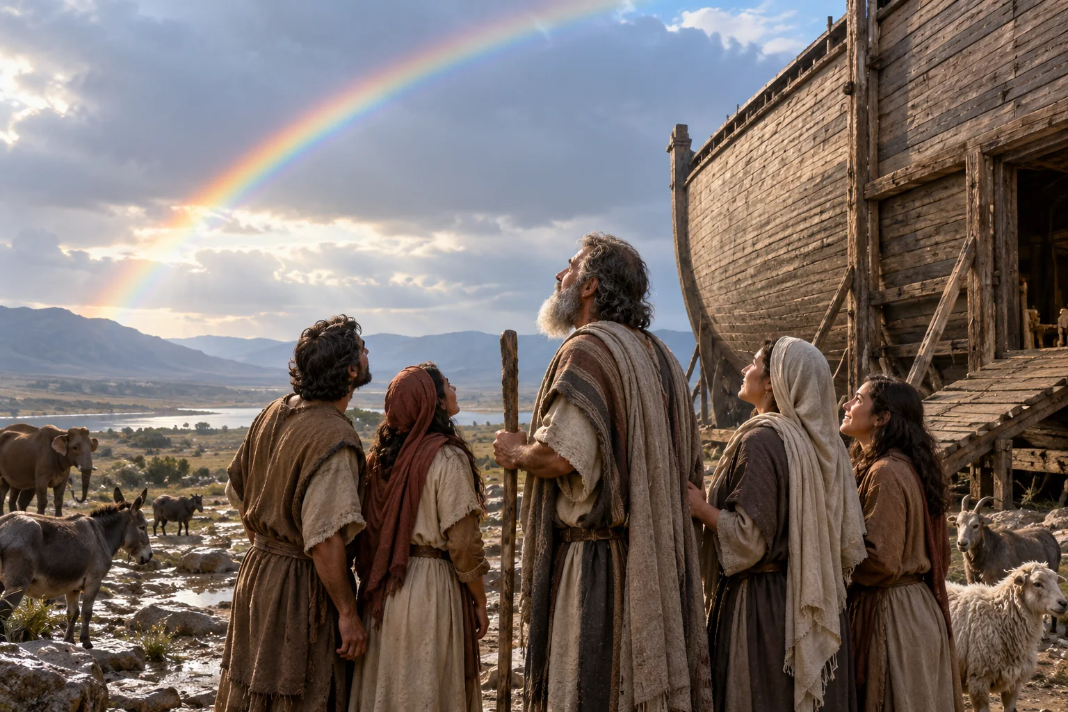 Noach en zijn gezin kijken naar een regenboog
