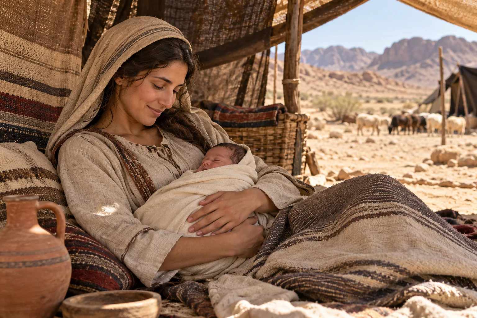 Beeld bij Leviticus 12: Een moeder rust met haar pasgeboren zoon