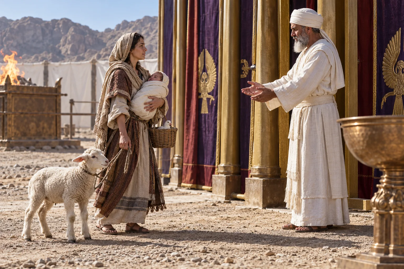 Beeld bij Leviticus 12: Een moeder brengt haar offer naar de priester