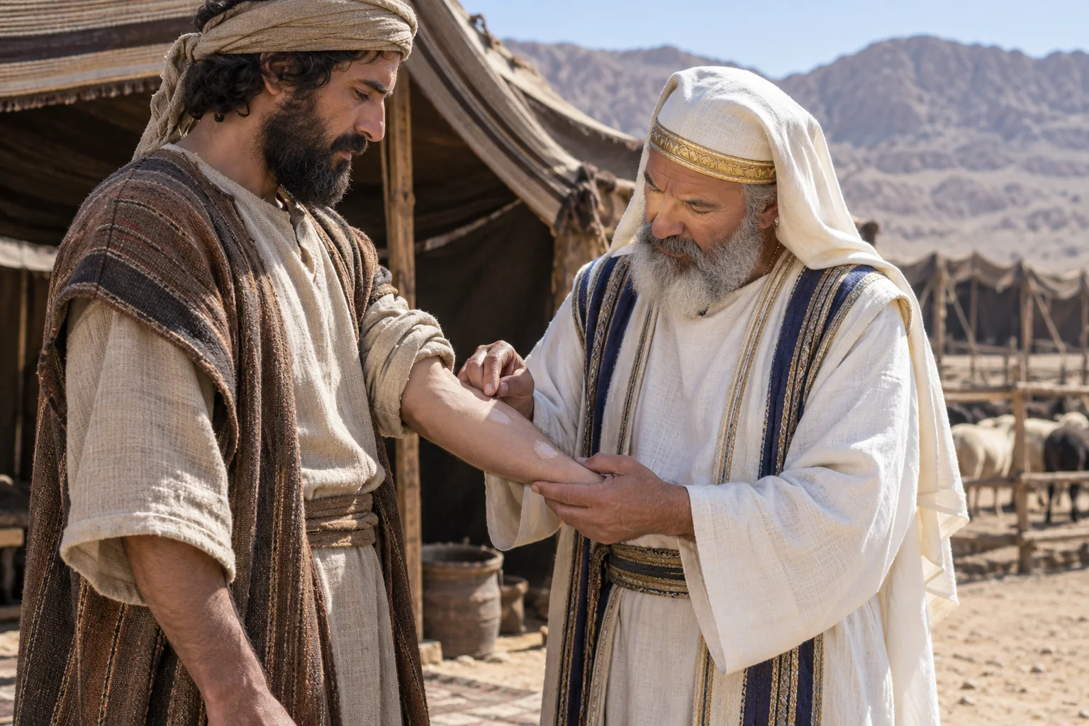 Beeld bij Leviticus 13: De priester onderzoekt een huidplek