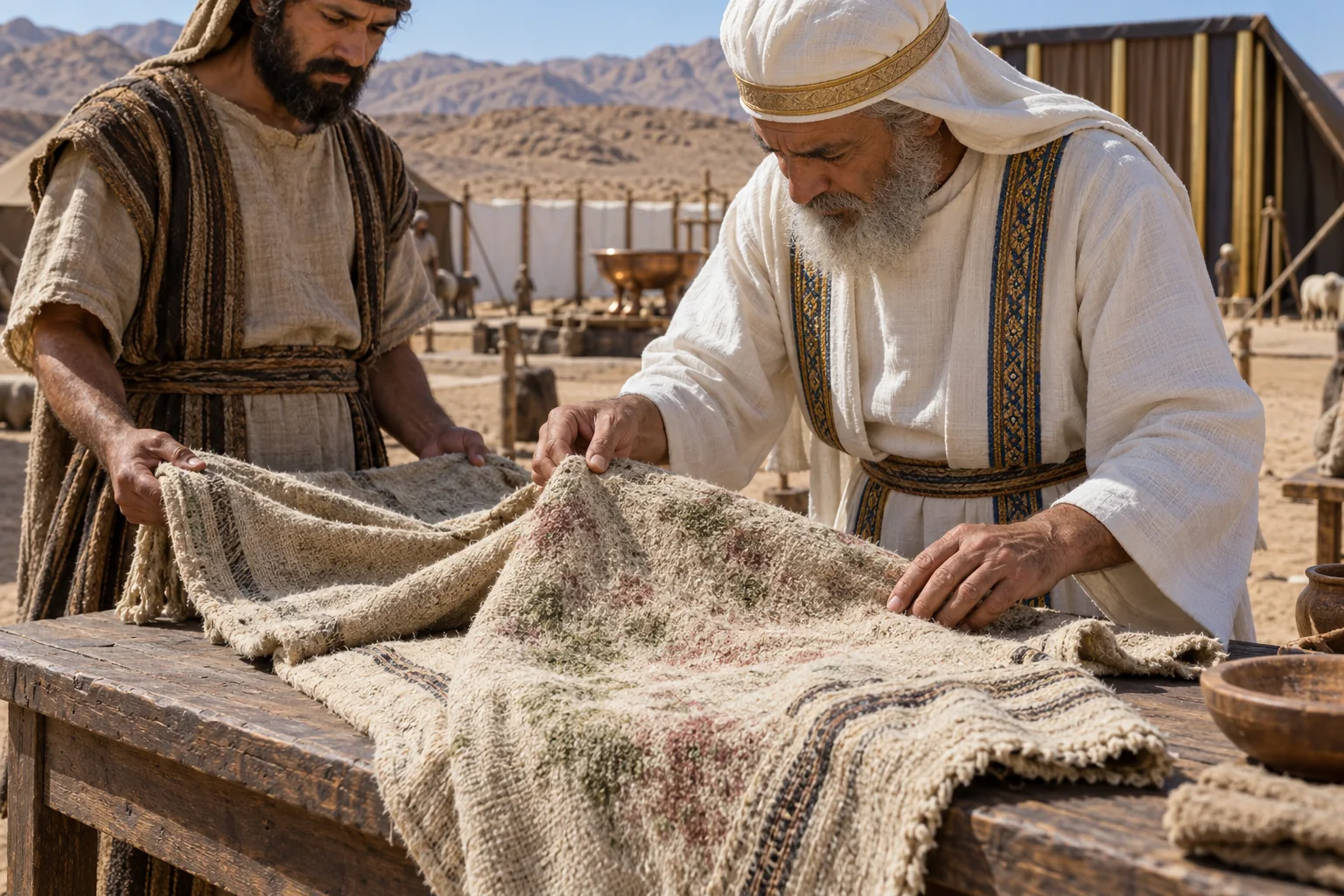 Beeld bij Leviticus 13: De priester onderzoekt een aangetast kleed